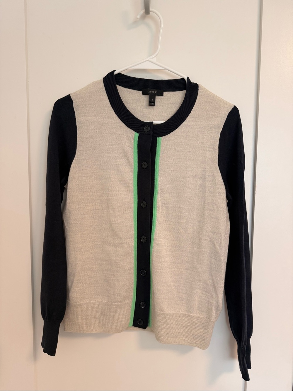 J. Crew Women's Navy and Grey Button Cardigan with Green Trim